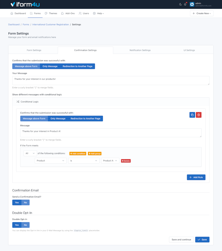 iform4u - Paramètres de confirmation