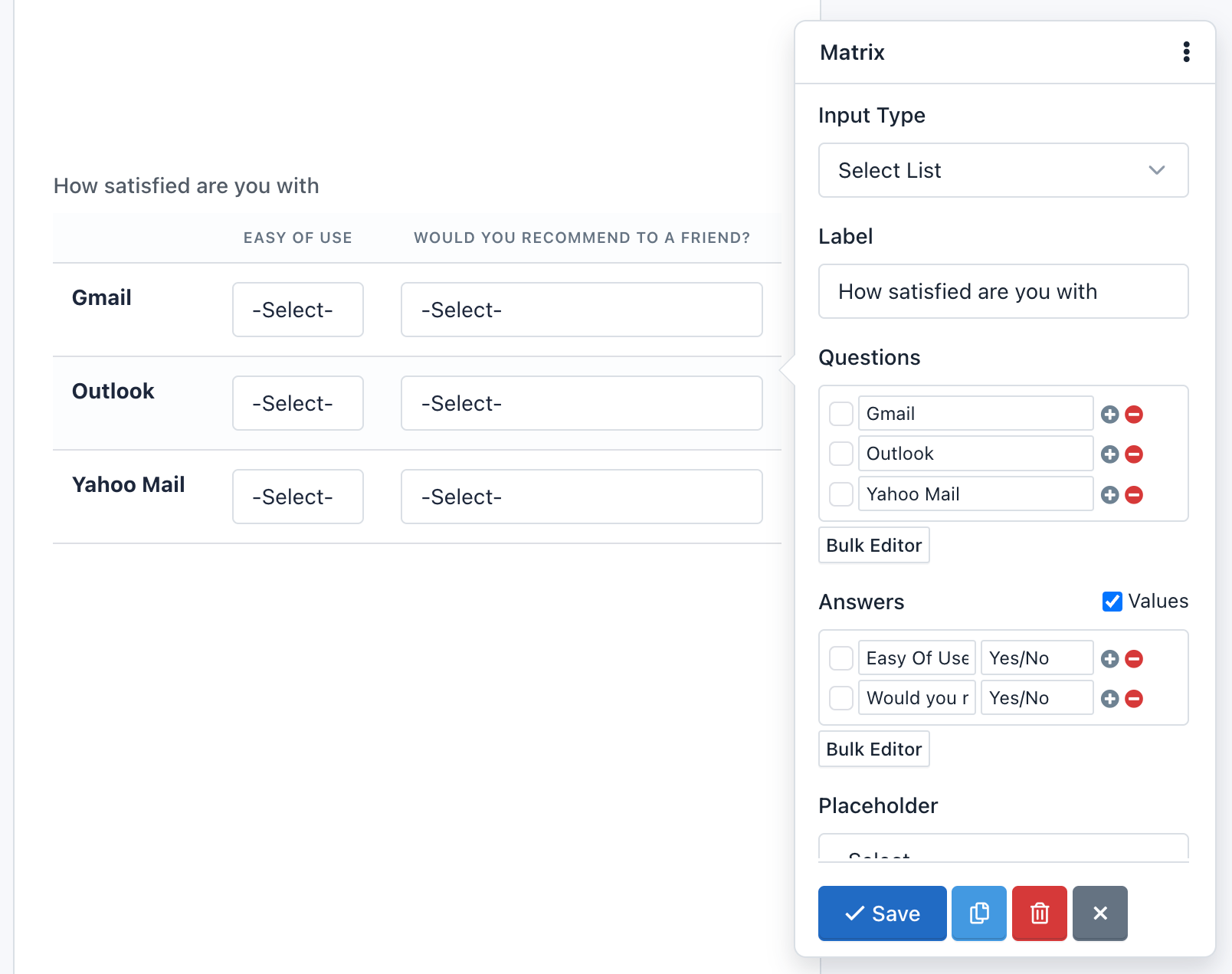 iform4u – Form Builder – Matrixfeld mit Auswahlliste