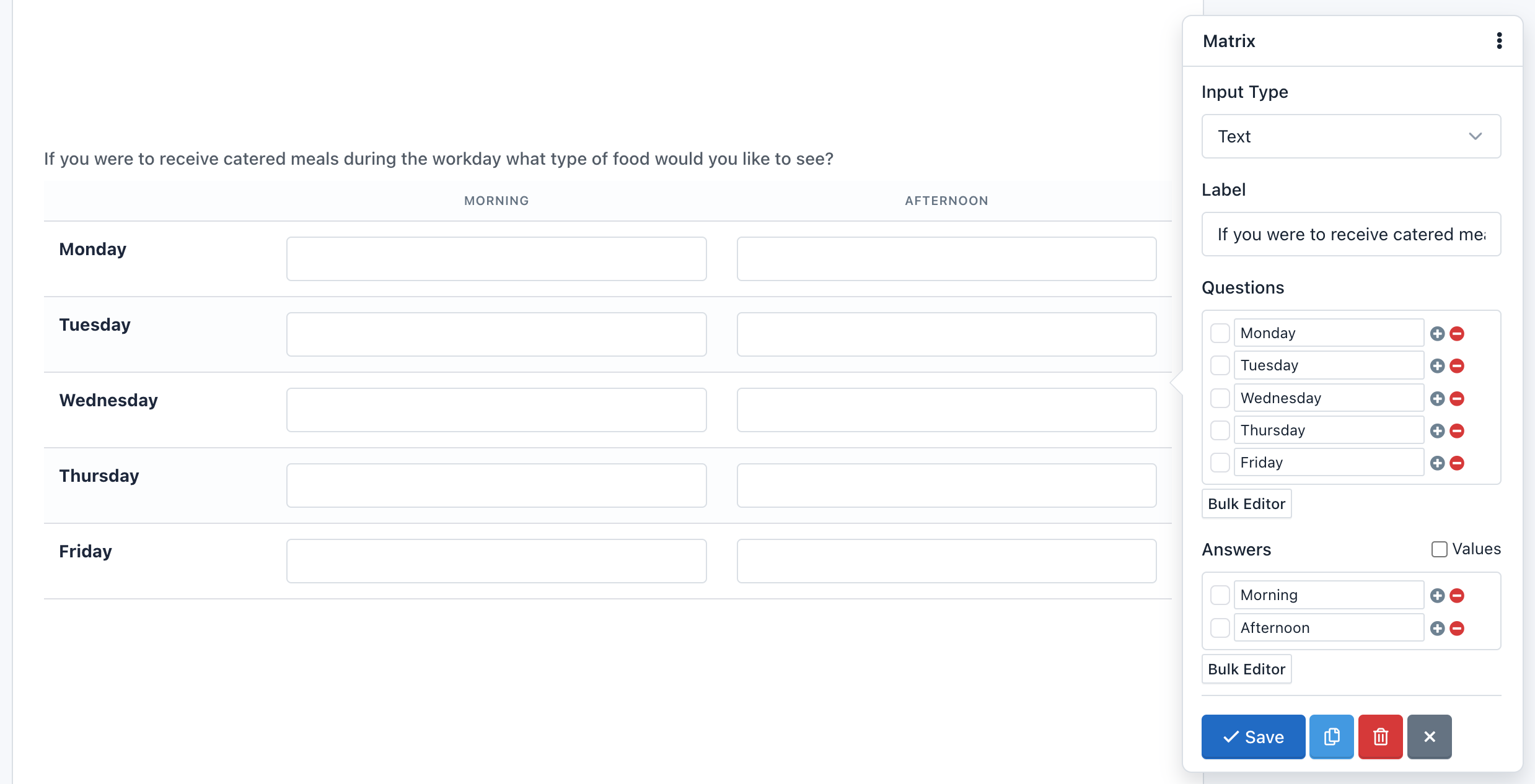 iform4u – Form Builder – Matrixfeld mit Texteingaben