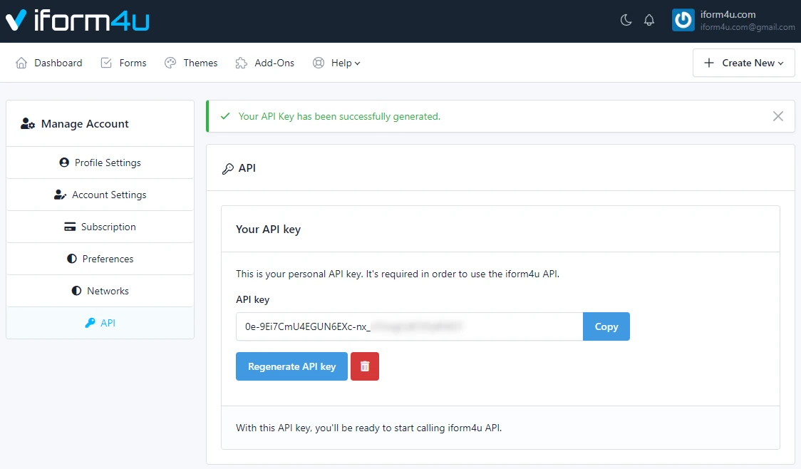 Genera chiave API - iform4u