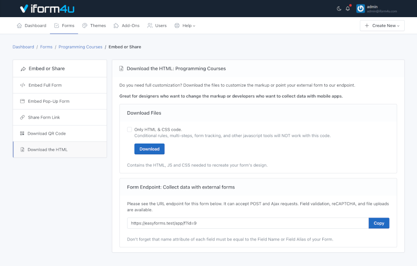 iform4u - Baixar Código HTML - Endpoint do Formulário