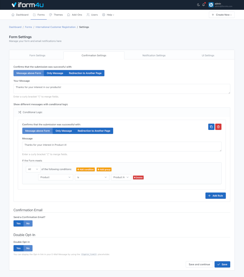 iform4u - Configurações de Confirmação
