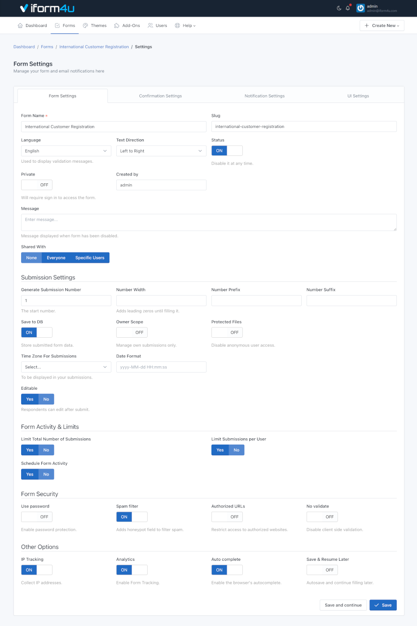 iform4u - Configurações do Formulário
