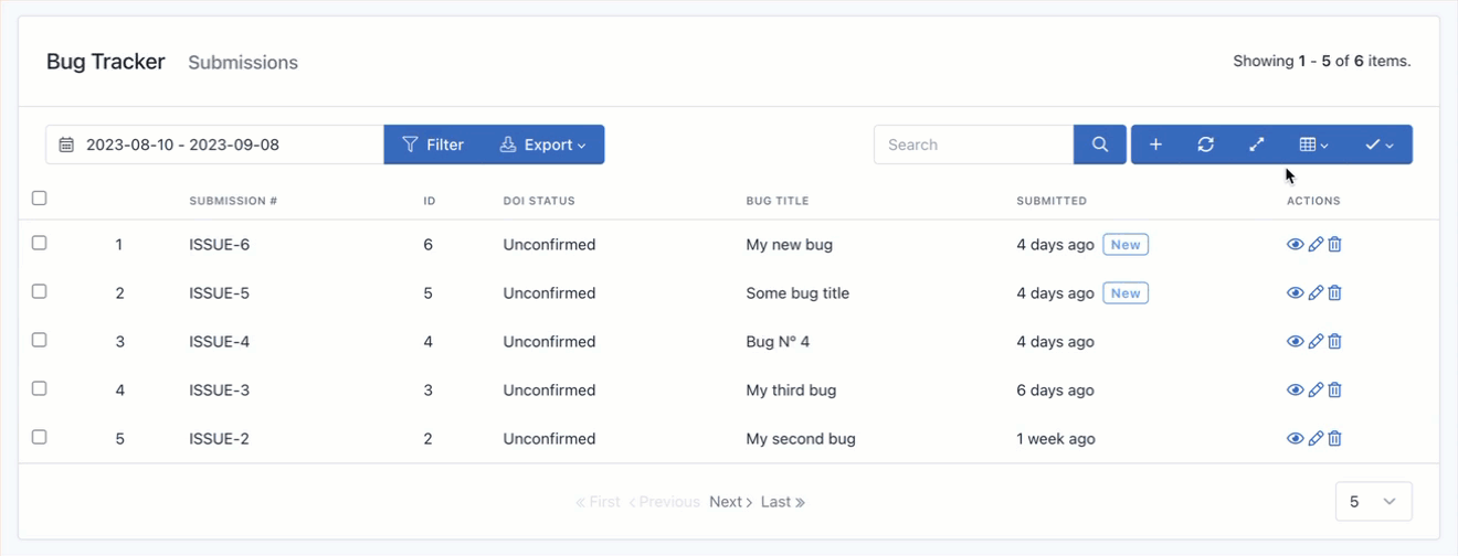 Gestione Sottomissioni - Mostra/Nascondi Colonne