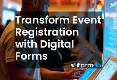 Graphic representing the transformation of event registration through digital forms, emphasizing streamlined check-ins, interactive features, and data-driven insights for modern, sustainable exhibitions and events