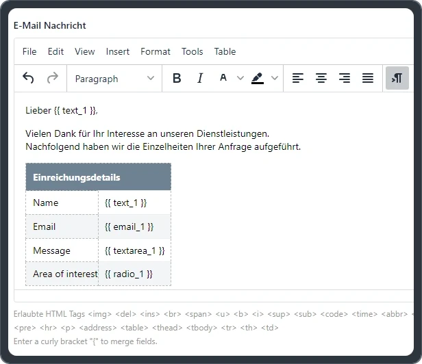 Bestätigungseditor nach dem Absenden des Formulars