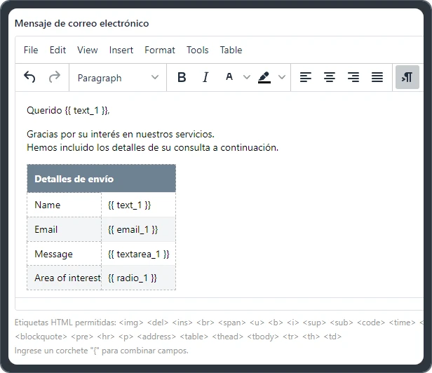 Editor de confirmación después del envío del formulario